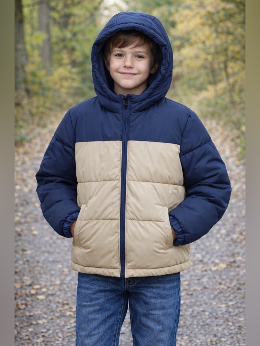 Old Navy Boys M 8 Puffer Jacket Hooded Blue Tan Colorblock Winter Coat